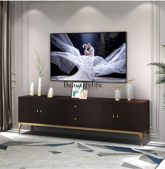 

American solid wood TV cabinet light luxury furniture living room walnut household floor cabinet