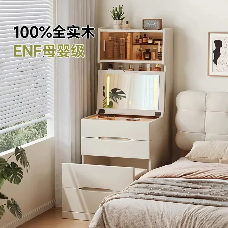 Solid Wood Dresser Small Bedroom Modern Flip Top Vanity Table Compact Nightstand with Storage Space Saving Furniture for