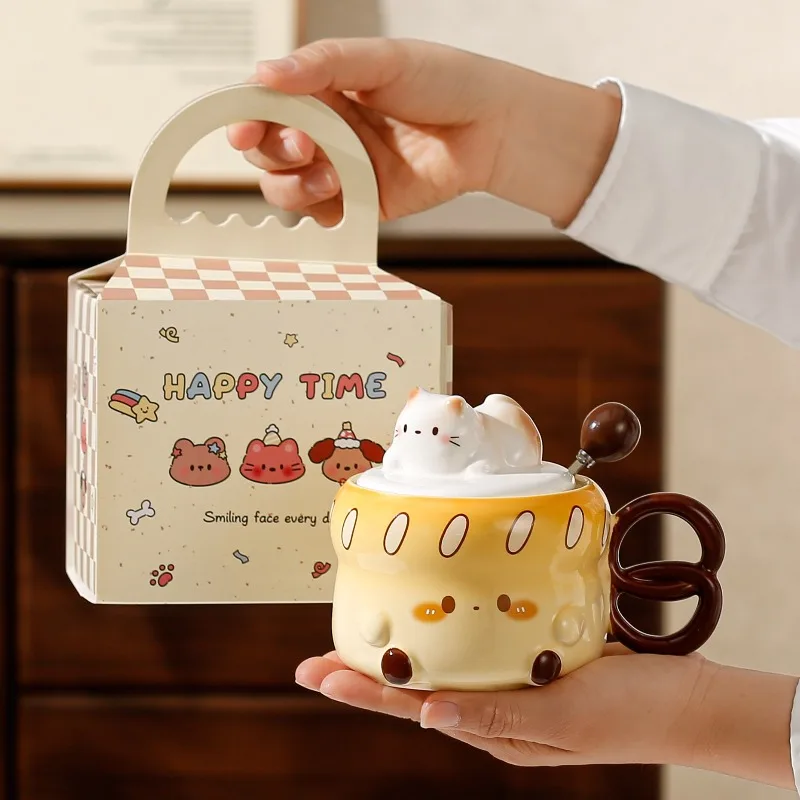 

Cute Ceramic Cup with Lid and Spoon, Suitable for Couples To Give Gifts, Family Breakfast Cup, Milk Cup