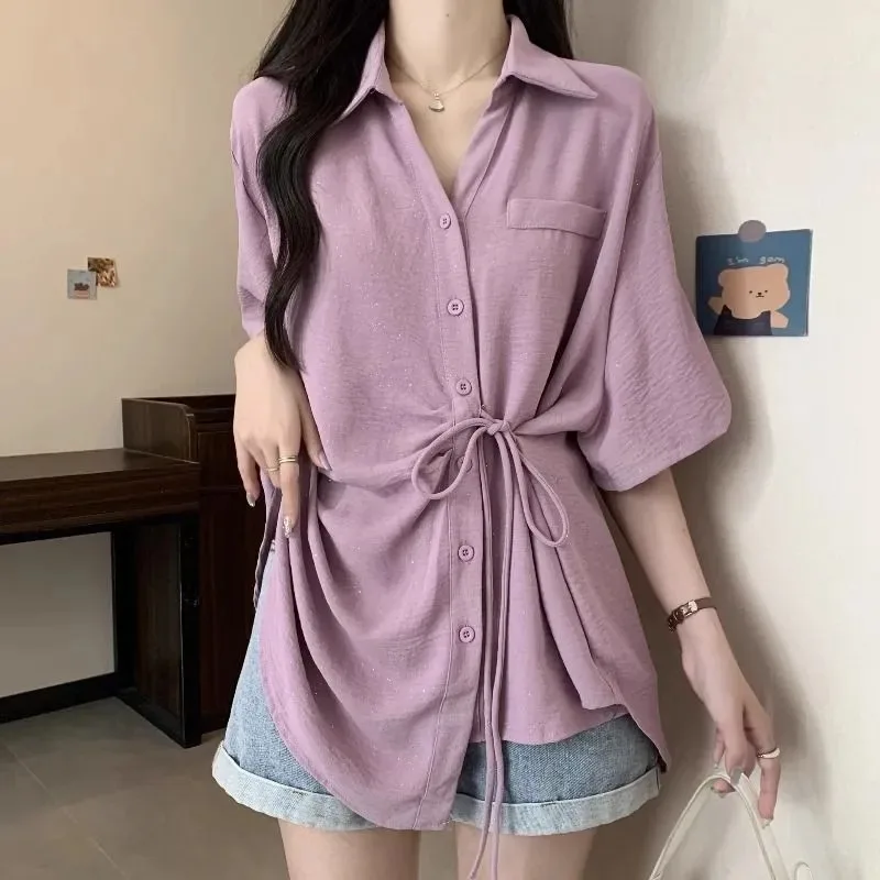 Women's Plus Size Tie Waist Shirt Casual Loose Irregular Hem Short Sleeve Blouse For Curvy Ladies Summer Flattering