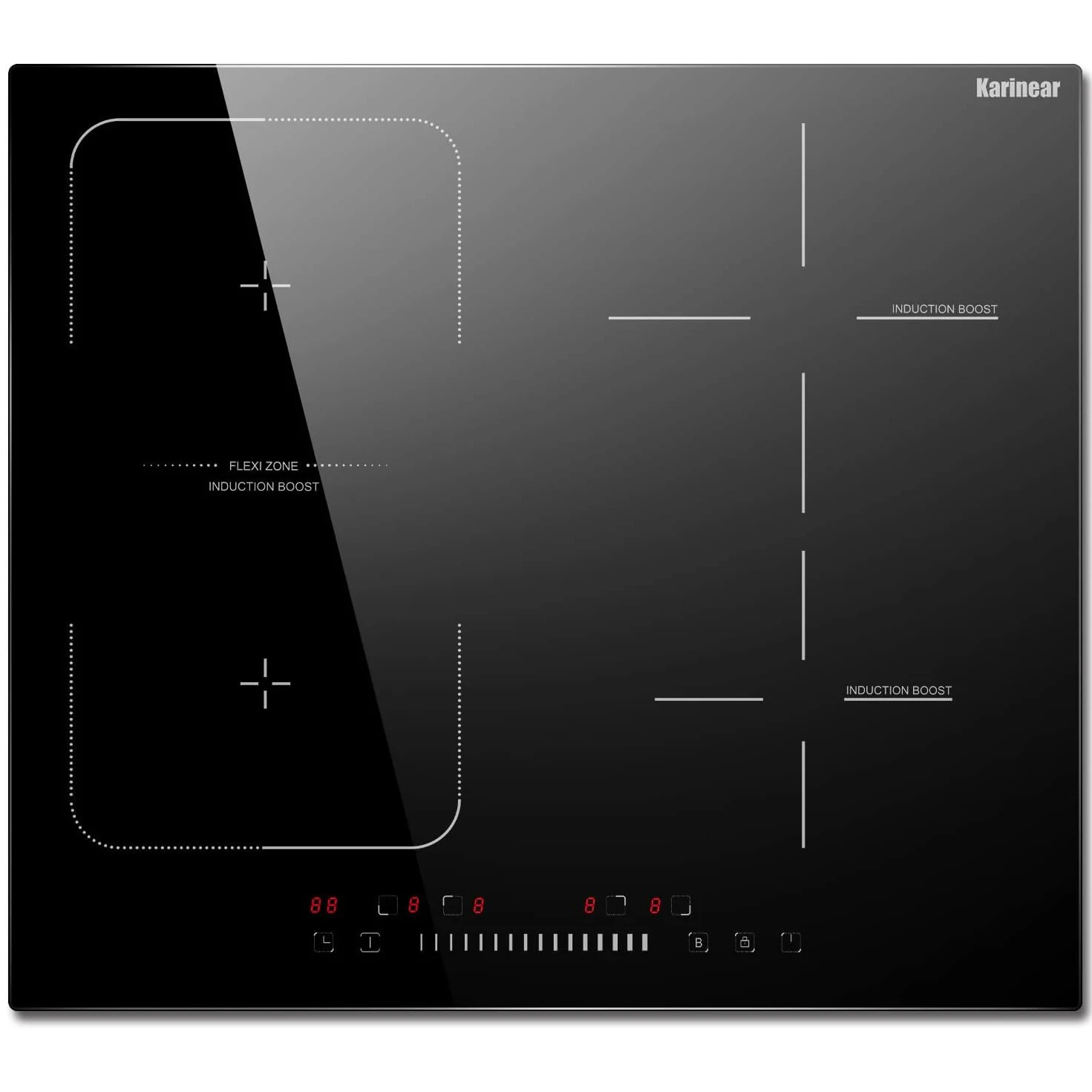 Karinear Eingebautes 4-Brenner-Induktionskochfeld, elektrisches Induktionskochfeld mit Flexzone, Schiebesteuerung, Timer, Boost-Funktion, 7200 W