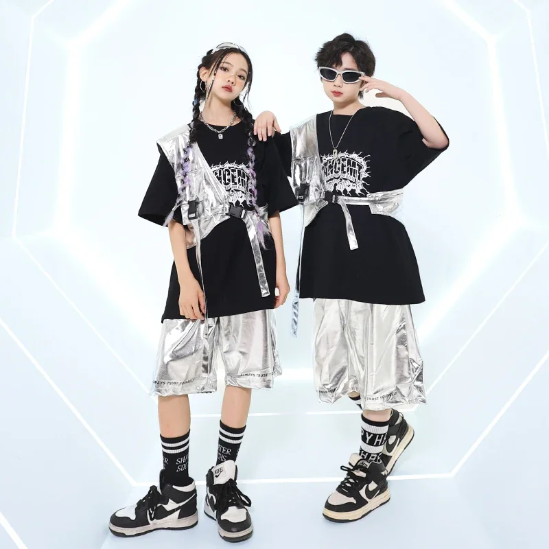 Hip Hop Jungen T-shirt Silber Glänzende Cargo-Shorts Mädchen Cool Crop Top Streetwear Kinder Street Dance Kostüme Kind Jazz Kleidung