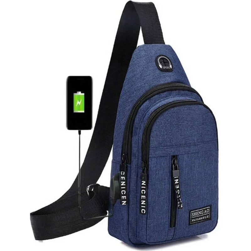 Men Shoulder Bags USB Charging Earphones Cable Hole Crossbody Bags Male Anti Theft Sports Chest Bag Short Trip Messengers Bag