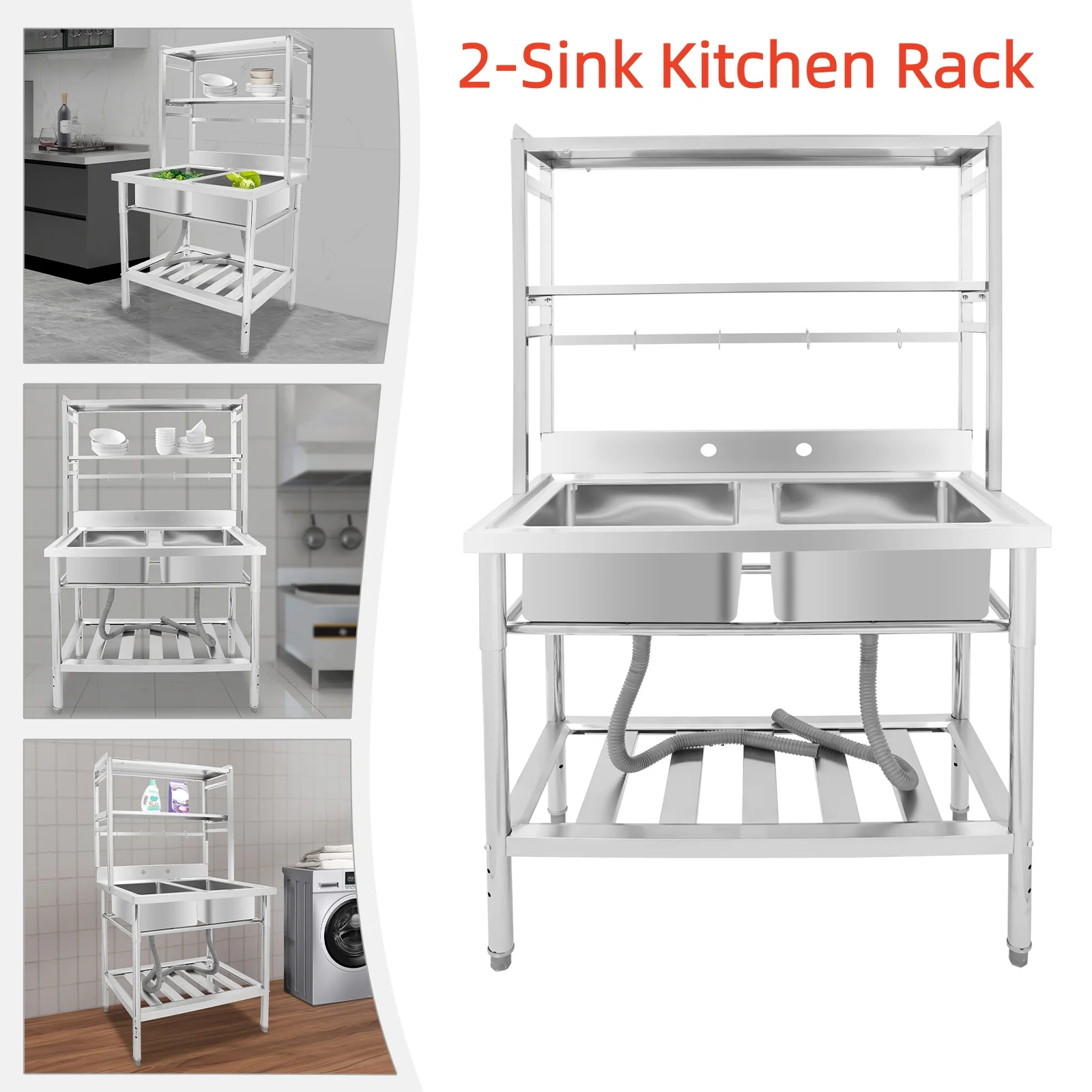 Silver Double Sink, Freestanding Sink with Bracket, 304 Stainless Steel, 201 Stainless Steel, Plastic, Rubber 2-Sink Kitchen Rack Overall Load-Bearing Capacity: 200kg/440.92lbs With 2 * Drain Pipes
