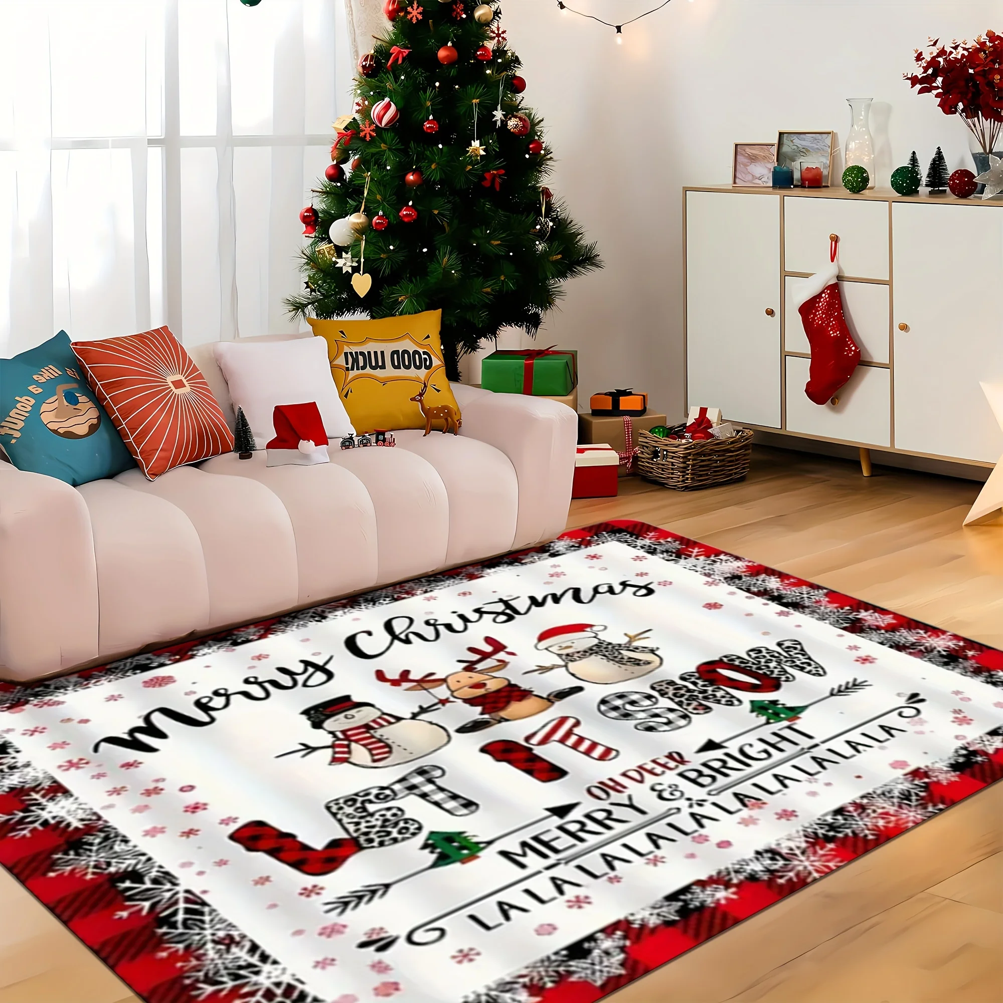 Area Rug Carpet Christmas Snowman Non Slip Merry Christmas Letter Print Floor Mat Washable Farmhouse Lounge Decor