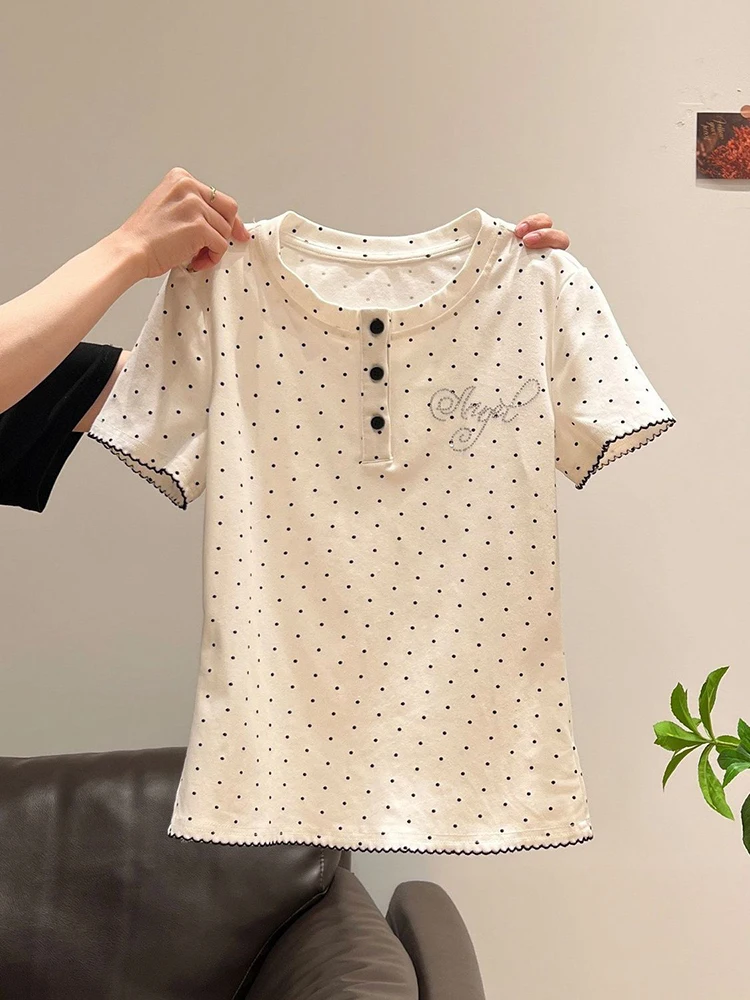 Korean Polka Dots T Shirt Women Summer Kawaii Preppy Casual O Neck Button Tees Slim Fit Cute Short Sleeve Patchwork Student Tops