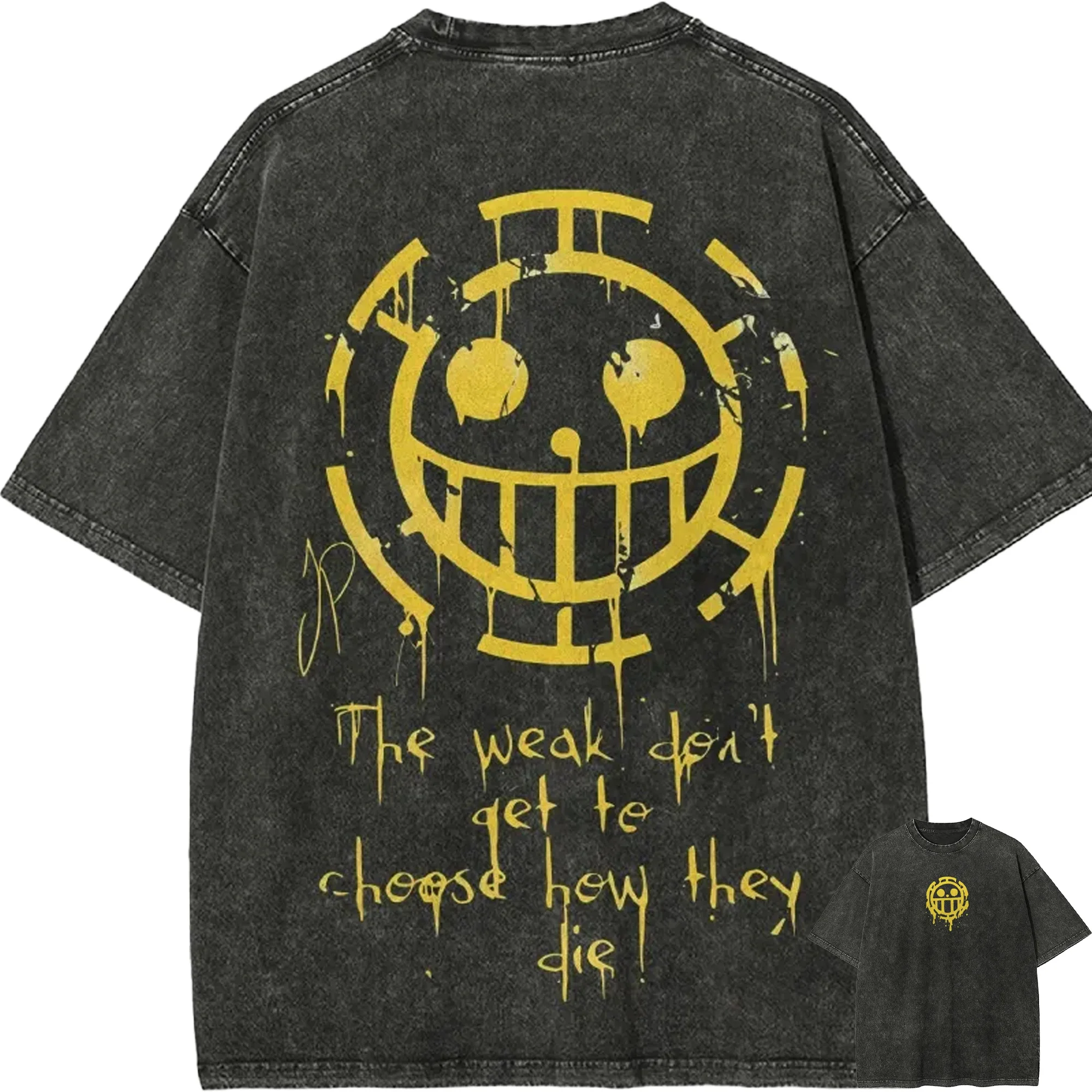 Trafalgar Law T-Shirt One Piece Heart Pirates Vintage Acid Wash Streetwear Übergroße Retro Anime Grafik Baumwoll-T-Shirts