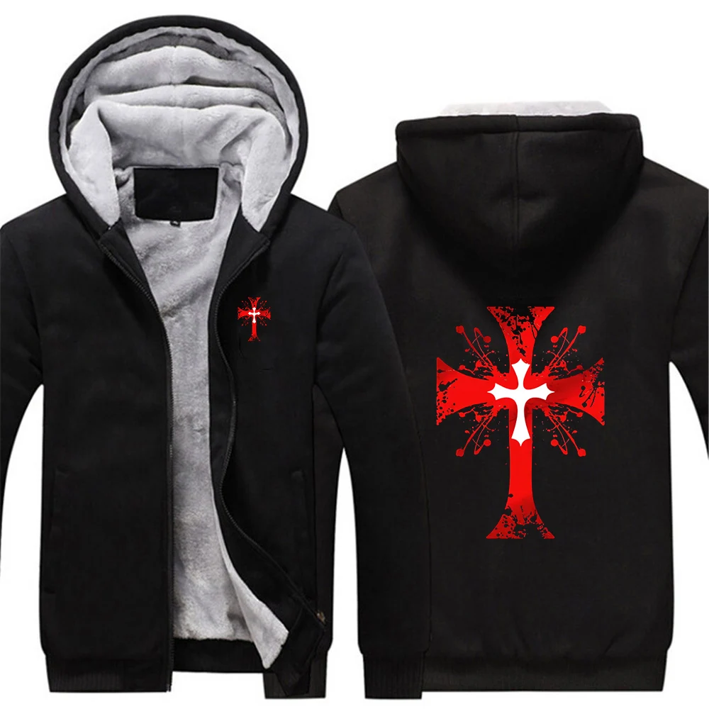 

Knights Templar Logo Print Men's Autumn Winter Hooded Jacket Casual Fake Two Piece Patchwork Design Zipper Long Sleeve Warm Coat