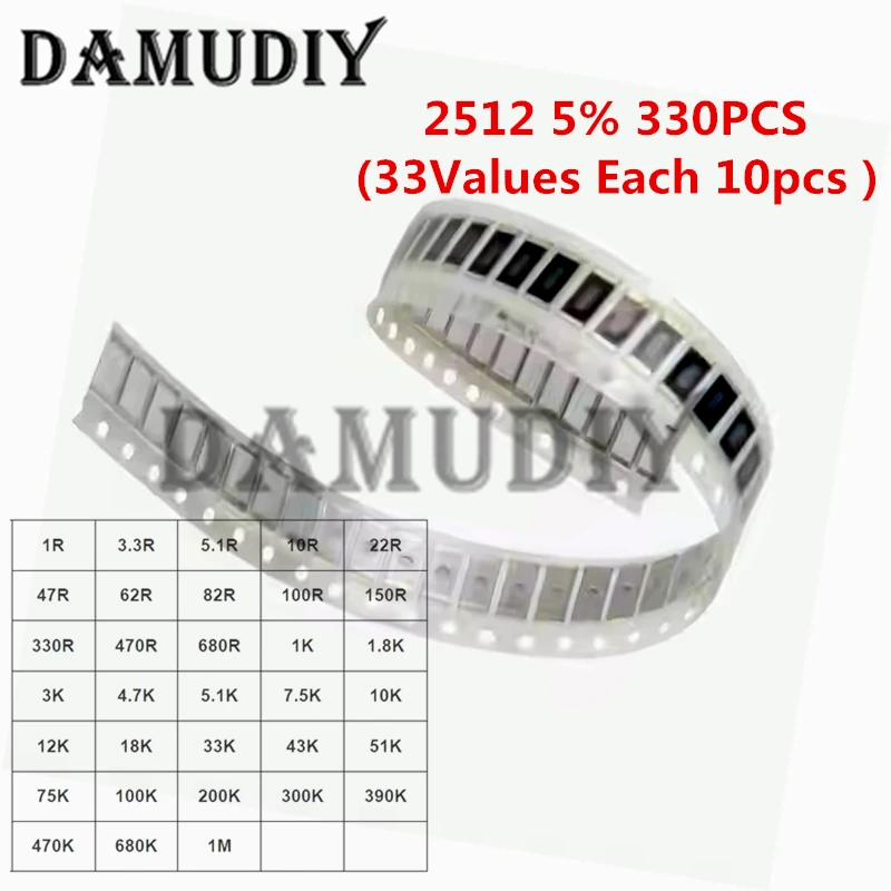 330pcs/Lot 2512 5% SMD Chip Resistor Kit 1W Assorted Sample Set 1R - 1M ohm 33valuesX10pcs DIY