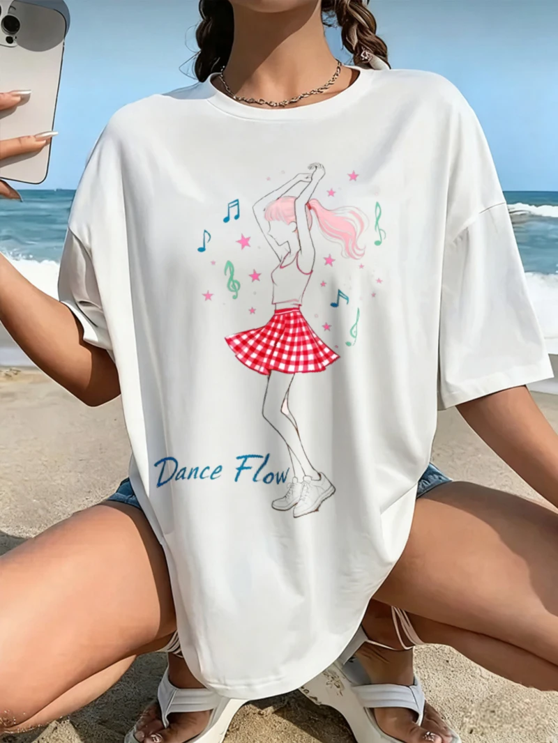 

Women's Short-sleeved Loose Printed T-shirt Printed Ballet Girl Beach Vacation Casual Pattern