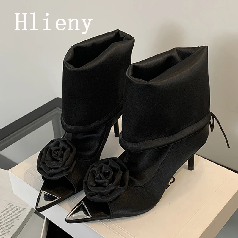 Hlieny Street Style Design Flowers Pointed  Peep Toe Women Ankle Boots Denim Blue Sandals Fashion Thin High Heels Ladies Shoes