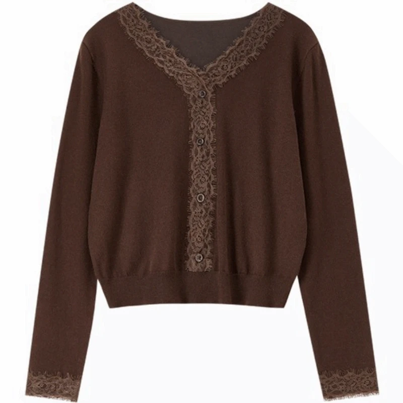 Sentubila casual rendas com decote em v suéteres femininos 2025 outono micro-elástico pulôveres de malha simples manga longa topos w53eg4170