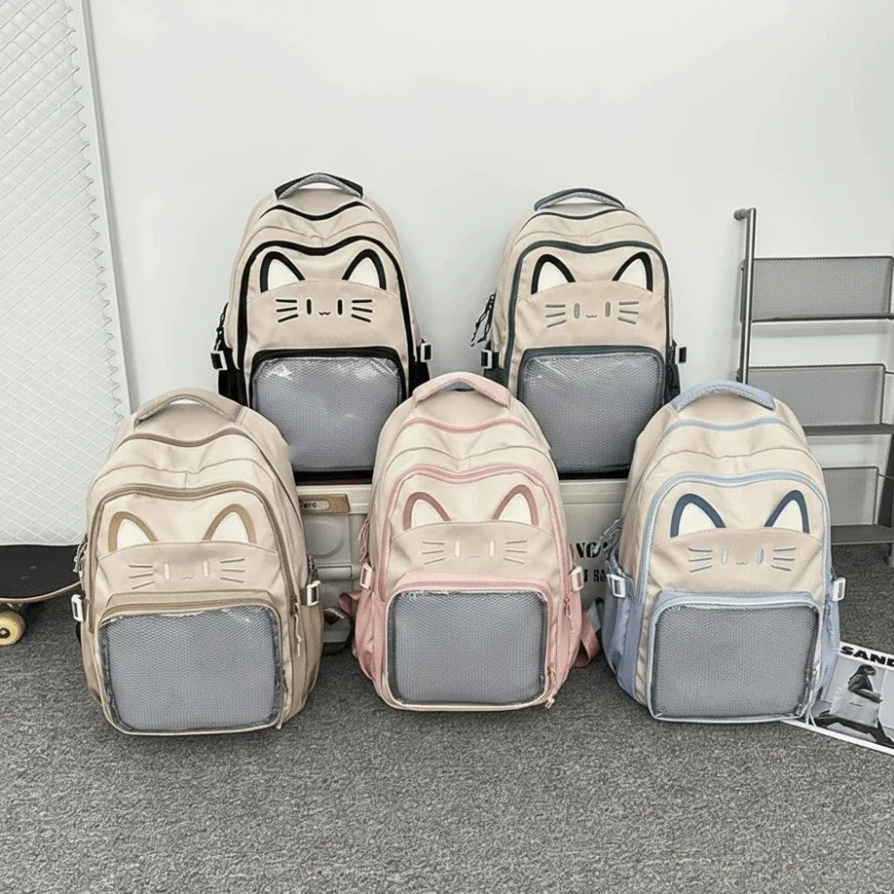 Tas Ita Bordir Kartun Modis Gaya Preppy Kapasitas Besar Saku Transparan Tas Sekolah Siswa Wanita Motif Kucing Lucu