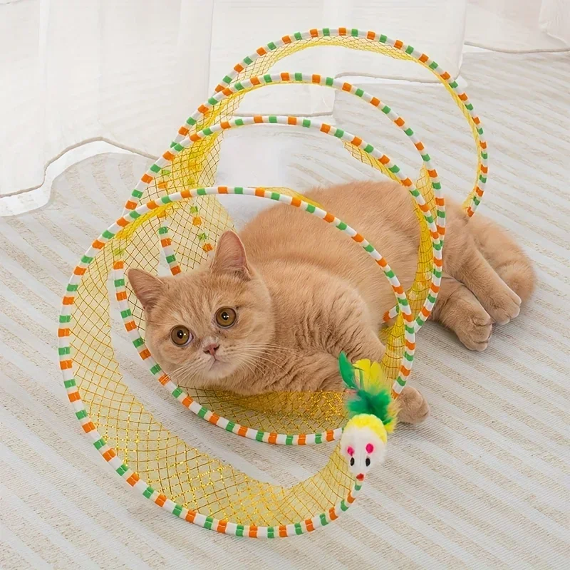 Cat Tunnel Spring Toy Foldable Interactive Cats Tube Tunnel with Feather Mouse Toys Pet Kitten Cat Toy