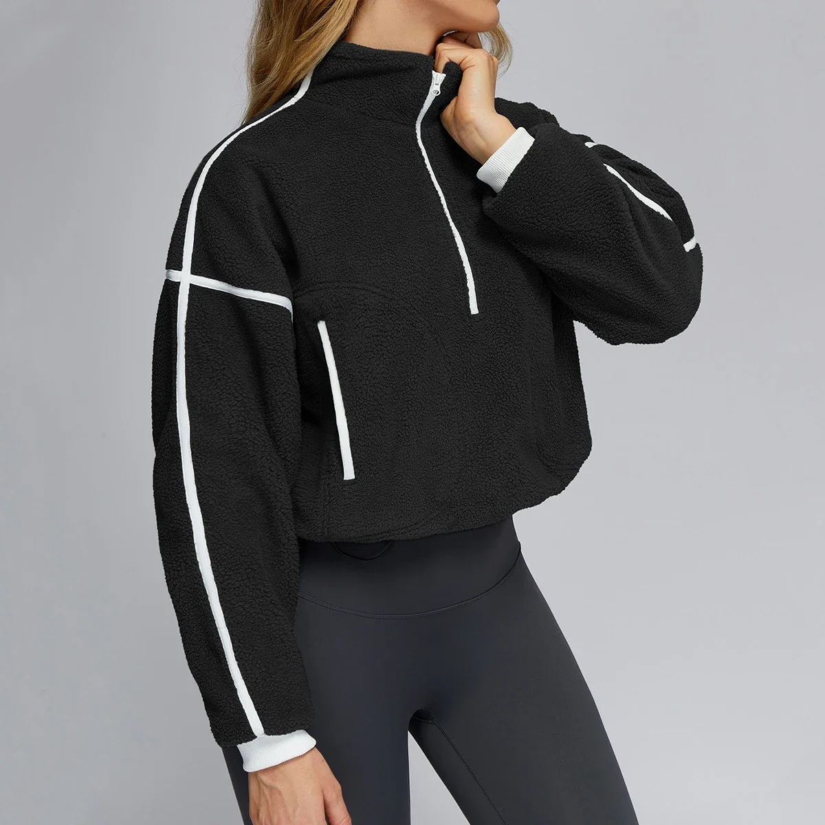 Women Fitness Gym Loose Yoga Long Sleeve Training Sports Top Half Zip Fleece Sports Jackets Winter Warm Workout Fitness Hoodies