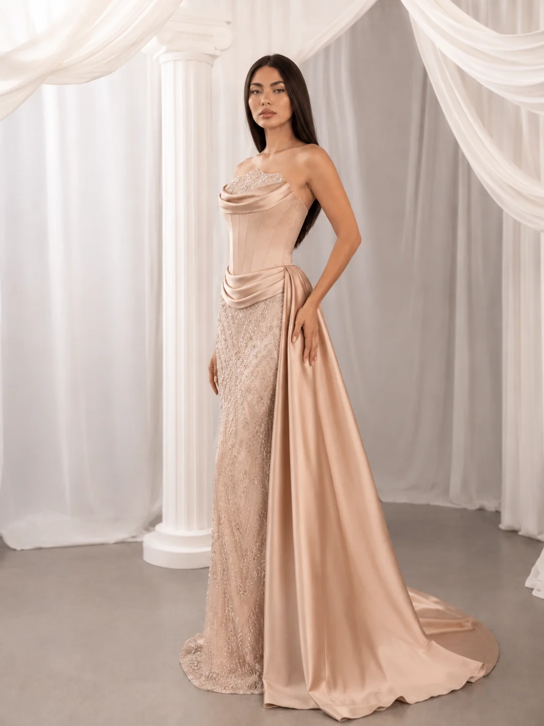 LumiGown Strapless Cowl Neck Mermaid Evening Gown Corset Bodice Heavy Beaded Embroidery Detachable Satin Overskirt Custom Color