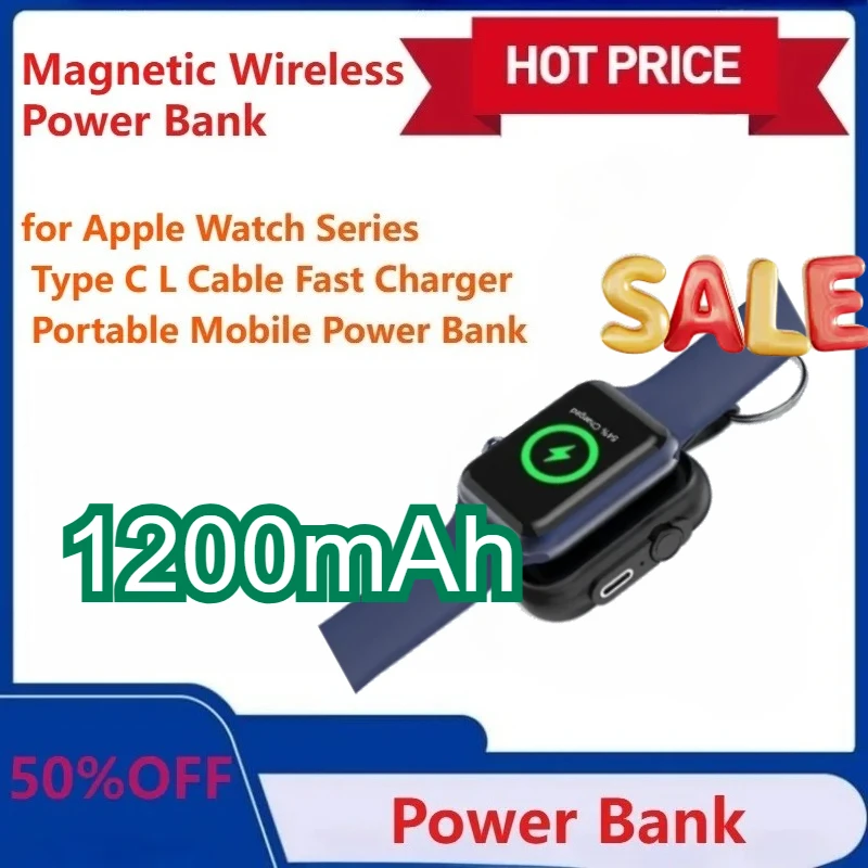 

1200mAh Mini Magnetic Wireless Power Bank for Apple Watch Series Type C L Cable Fast Charger Portable Mobile Power Bank