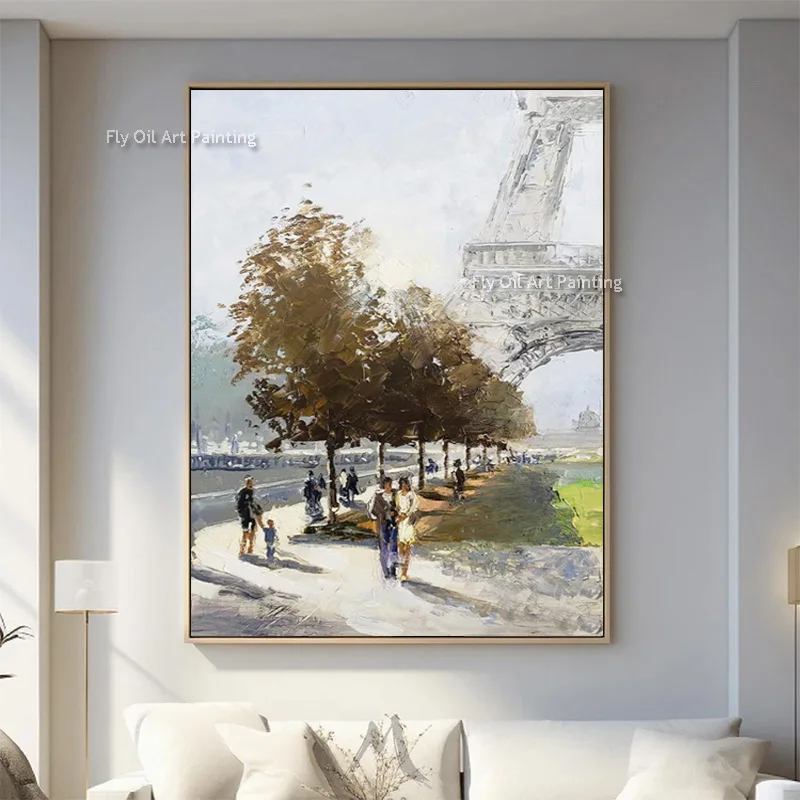 

Современный городской пейзаж ручной работы, холст, толстая картина маслом, большая пара под Эйфелевой башней, уличный настенный художественный декор для гостиной