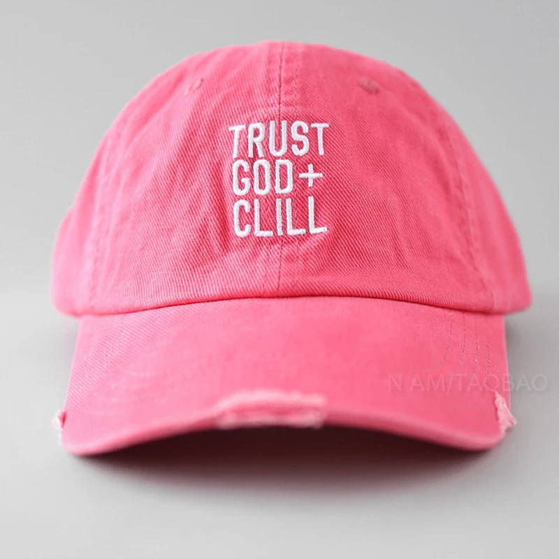 

Washed Cotton Unstructured Baseball Cap Trust God Chill Embroidered Unisex Distressed Dad Hat