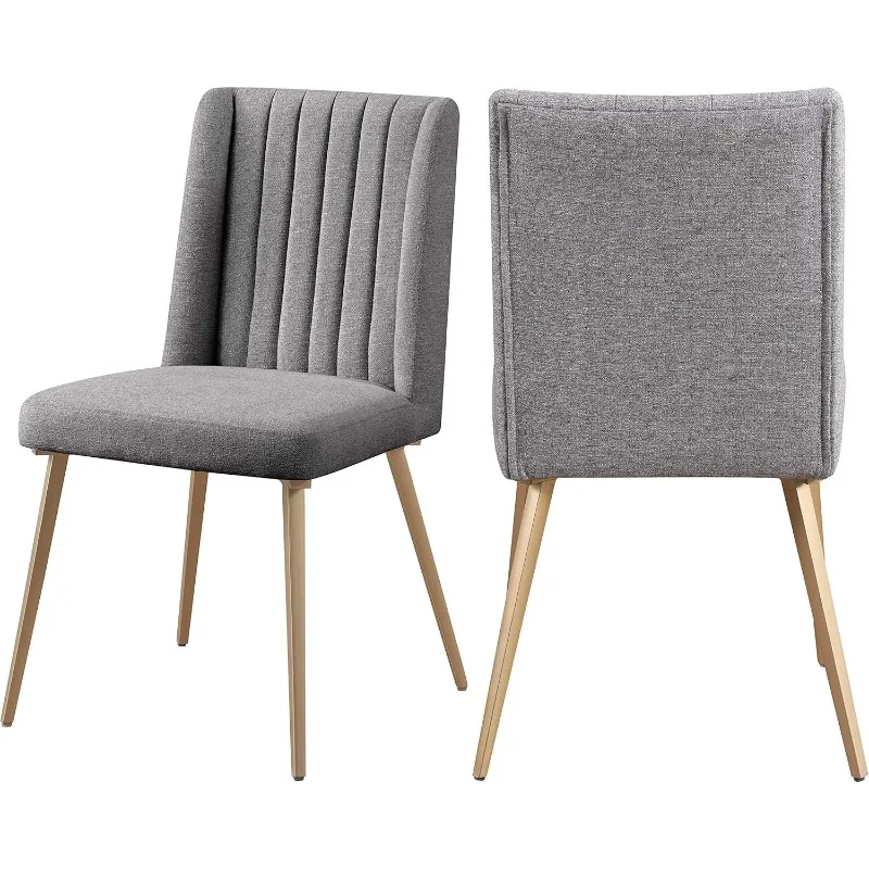 Eleanor Collection Modern Contemporary Linen Upholstered Dining Chair with Channel Tufted Wing Back and Brushed Gold Legs