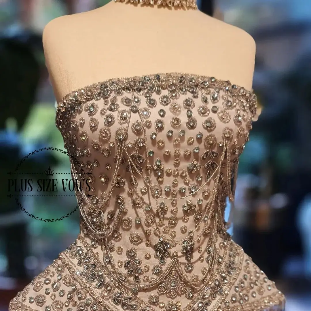 Vestidos de noche personalizados con votos de talla grande, cristales hechos a mano, cuentas, borlas, largo hasta el suelo, sin tirantes, sin mangas, vestidos de medianoche