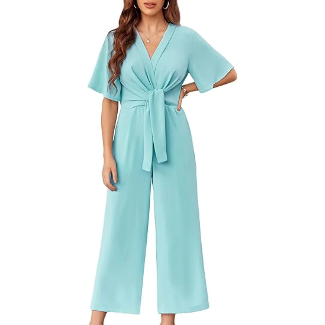 Women's Long Romper Chiffon Solid Wide Leg Jumpsuits 2024 Summer Loose Short Sleeve V Neck Tie Knot Front One Pieces Overalls