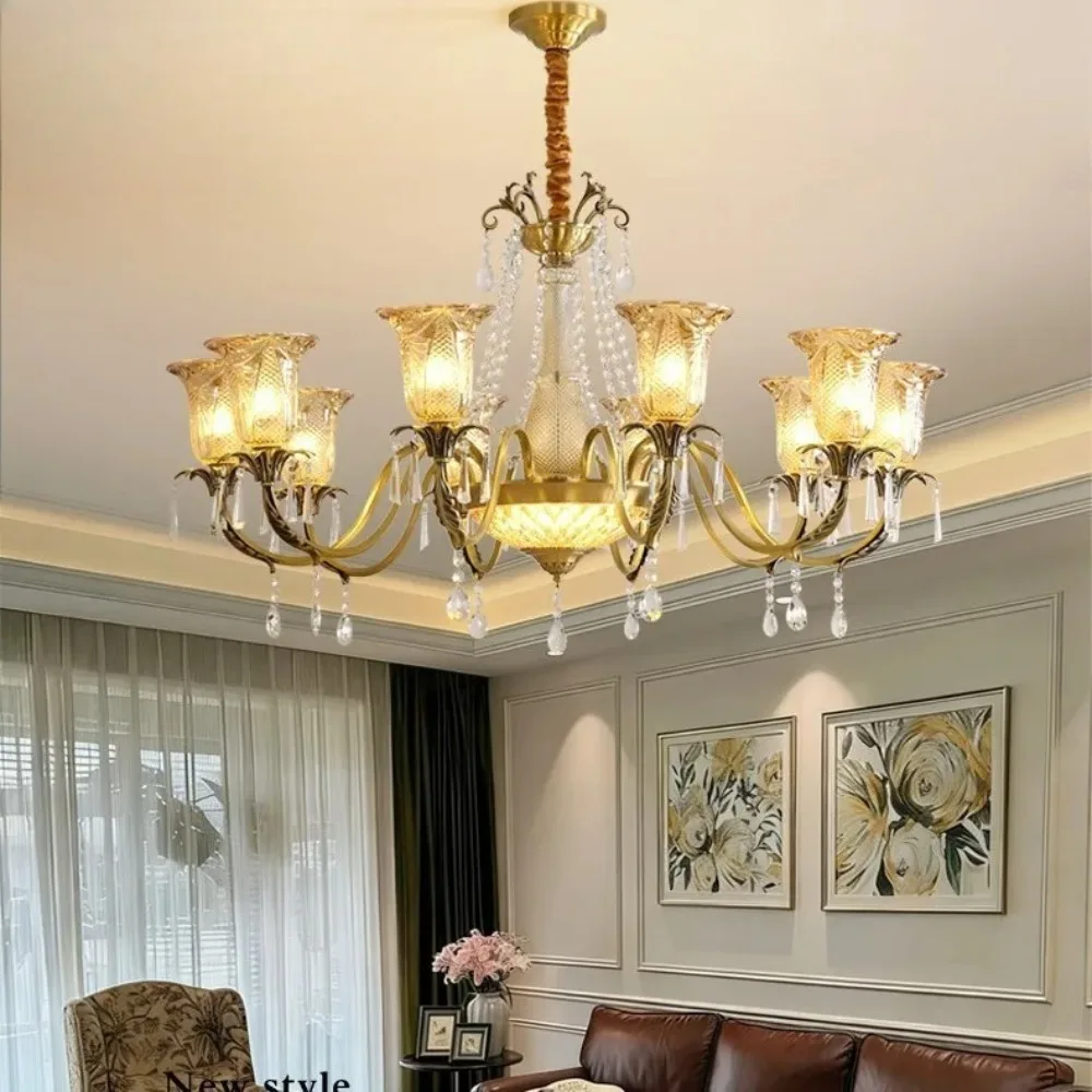 High - End European French Luxury Crystal - Adorned Brass Pendent Light, Ideal For Villa'S Living, Dining & Bedroom Decor
