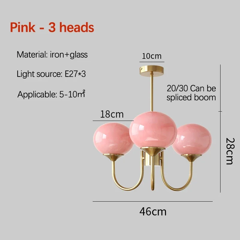 SANDYHA Modern Simple Cream Style Chandeliers Pink Glass Ball Pendant Light for Living Room Bedroom Indoor Led Lamp Home Decor