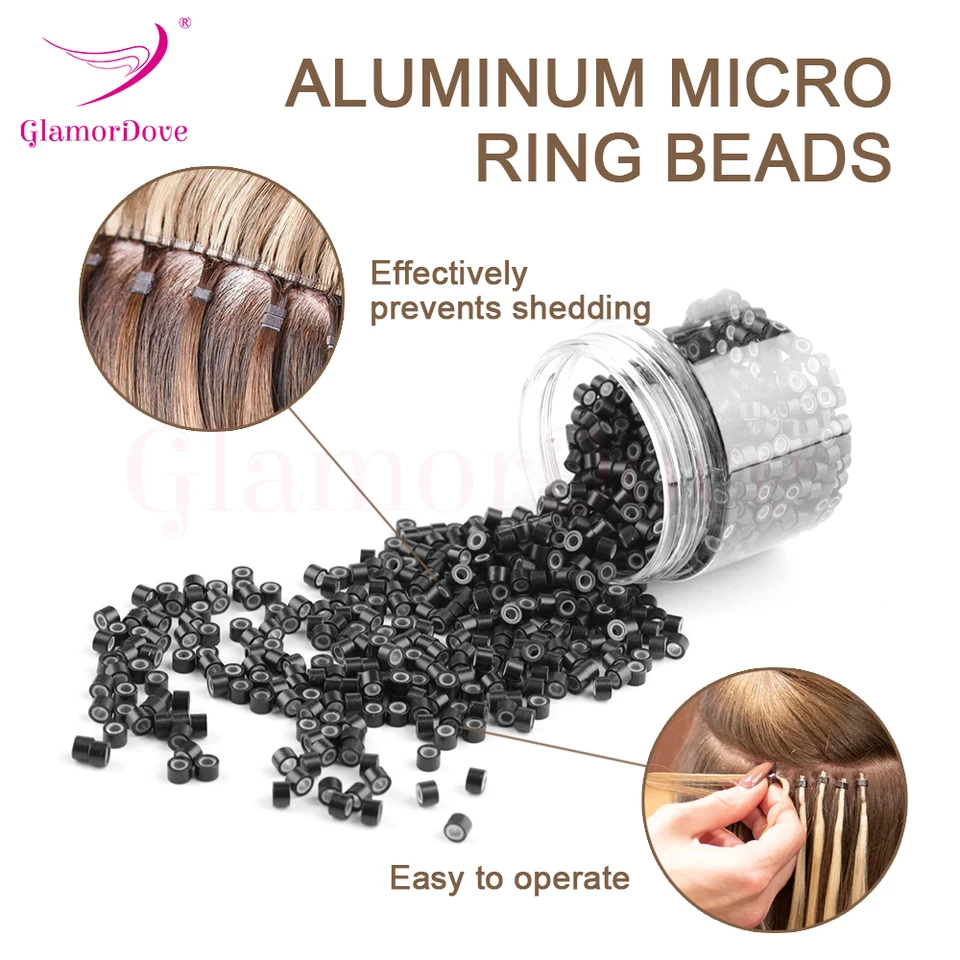 GlamorDove 1000 piezas micro anillos de 4mm para extensiones de cabello, microlinks con recubrimiento de silicona, herramientas y accesorios 5