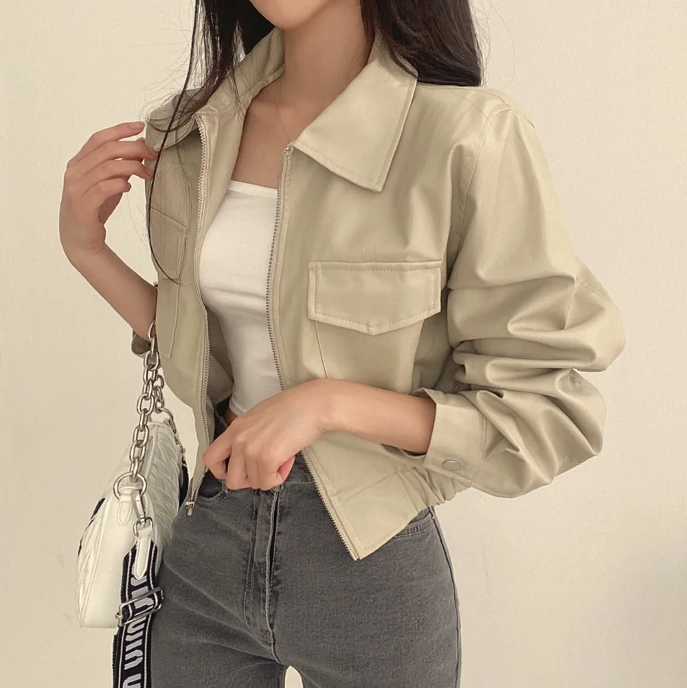 Women's Chic Korean Style Long Sleeve Pu Leather Short Jacket Lady Spring Autumn Solid Color Zipper Faux Leather Outwear Top