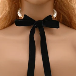 Vintage Style Simple Pearl Chain Choker Necklace For Women Black Big Bowknot Party Wedding Necklace Fashion Jewelry Wholesale