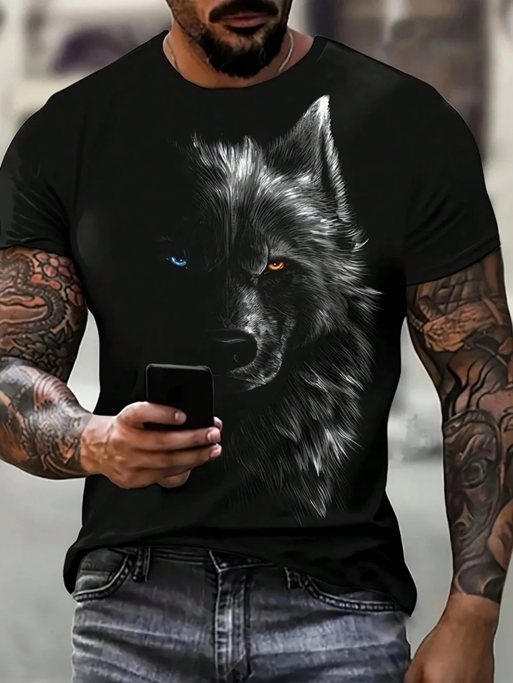 Summer Fashionable Men's Domineering Wolf Print Pattern Breathable Round Neck T-shirt Outdoor High Street Casual Tops