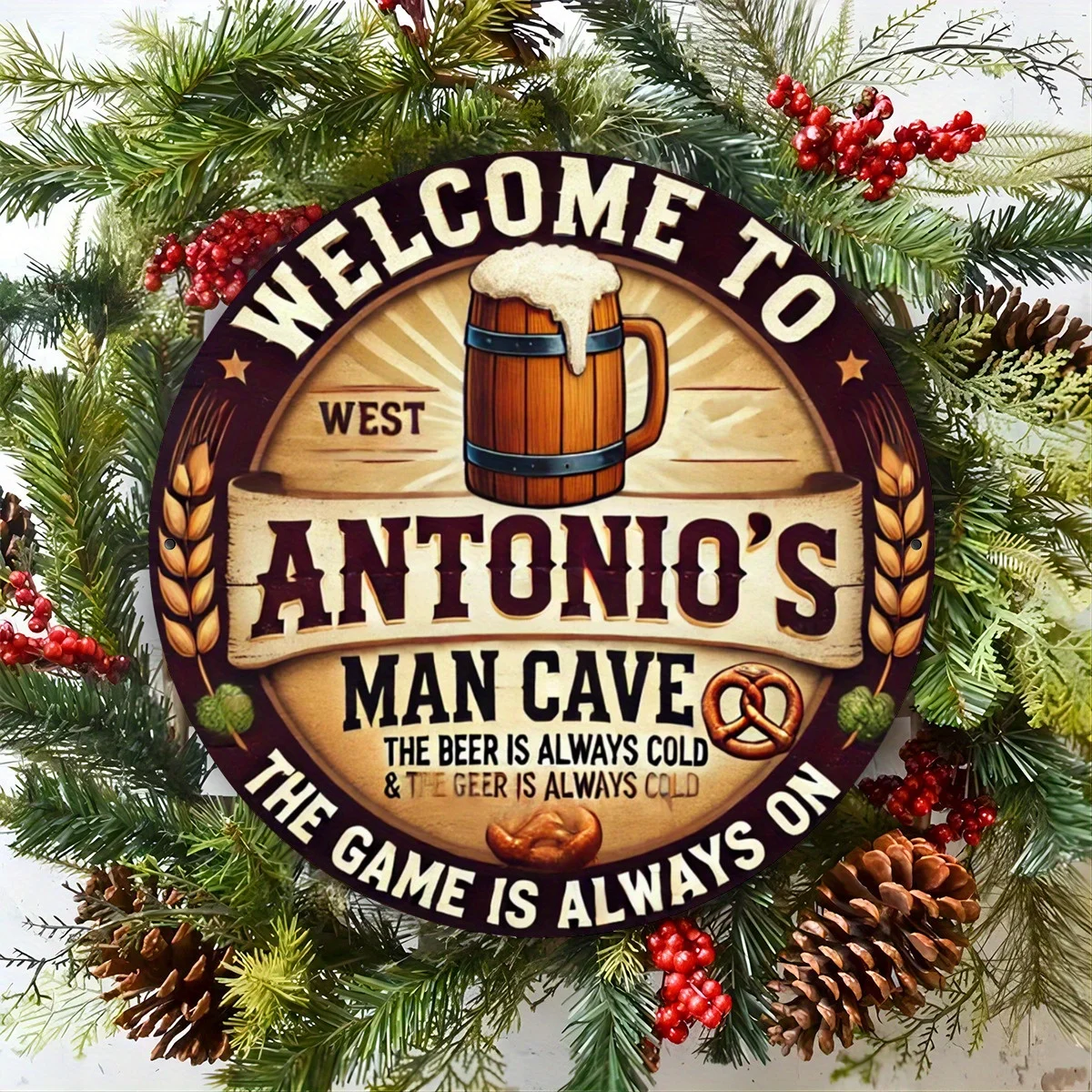 Vintage Round Metal Tin Sign - 'Welcome to Antonio's for Man Cave, Beer Always Cold, Game Always On' - Perfect for Home Bar
