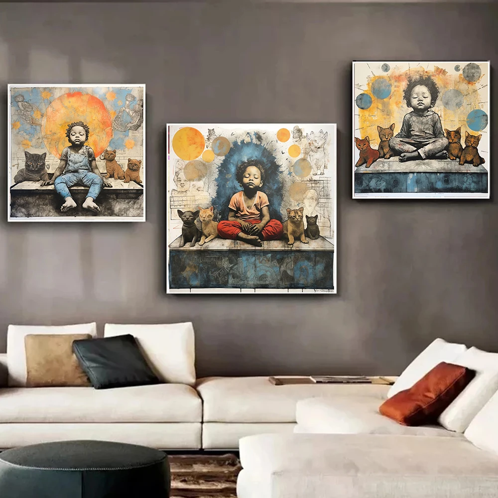 Classic Retro Series Watercolor Children Dog Wall Canvas Painting Family Religious Sacrifice Poster Print Living Room Home Decor