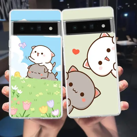 복숭아와 고마 고양이 전화 케이스 커버 Google Pixel 8 7 6 5 4 4XL 충격 방지 실리콘 7A 6A 5A 4A 3A 3AXLPro 투명 쉘