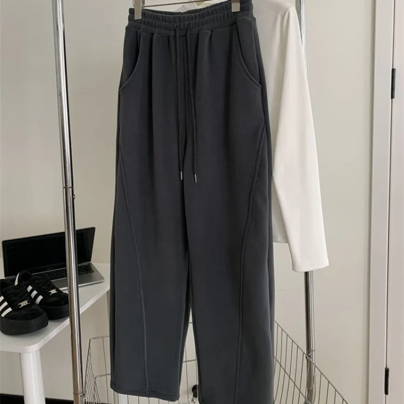 Polar Fleece Broek Vrouwen Hoge Taille Baggy Wijde Pijpen Joggingbroek Verdikt Rechte Trekkoord Warme Stiksels Rechte Broek