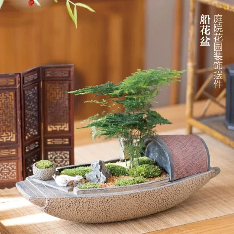 New Chinese-style landscaping Outdoor courtyard Garden decorative flower pot ornament Creative boat modeling Succulent mandarin