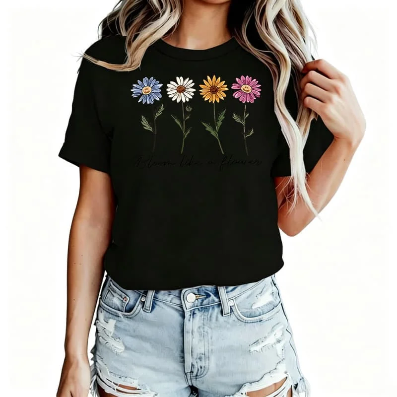 Bloom Like a Flower Women's T-Shirt 100% Cotton Funny Graphic Short Sleeve Tee Novelty Shirt Casual Crew Neck Top S-5Xl