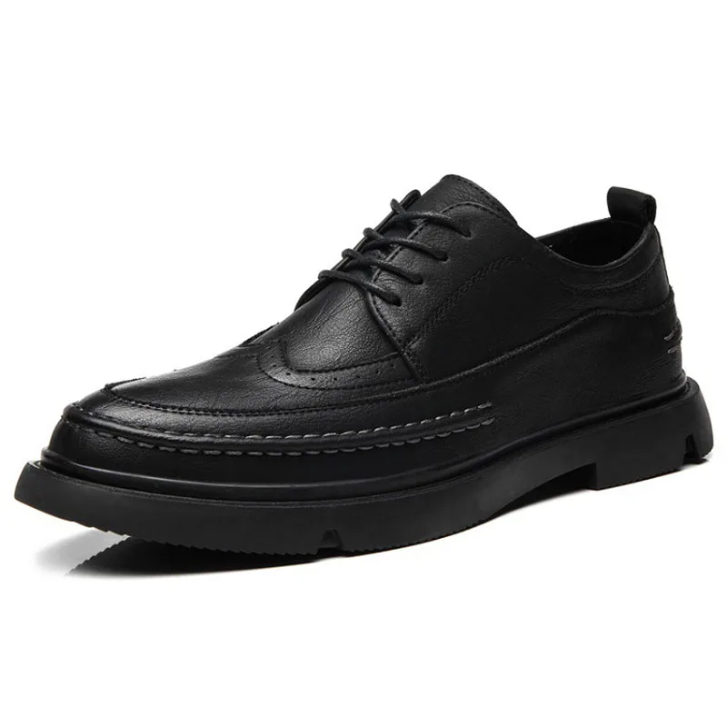 New 2023 Autumn Early Winter Shoes Men Brogues Flat Thick Sole Mens Casual Shoes Black Leather Male Footwear A4832