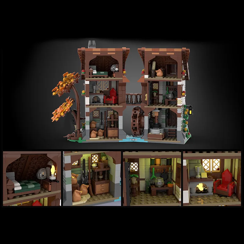 Medieval Watermill Smithy City Tavern Castle Building Blocks Black Falcon Architecture Structure House Hut Model Toy Kid Gift
