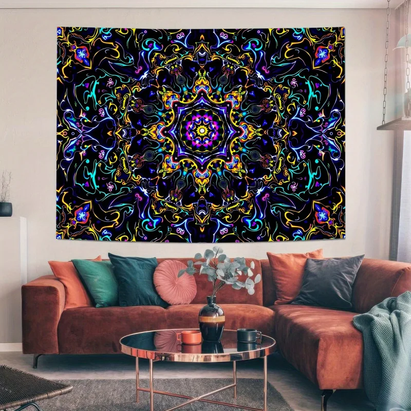 VIKAMA Psychedelic Dark Light Tapestry with Fluorescent Trippy Mandala and Design for Trippy Room and Bedroom Wall Decor
