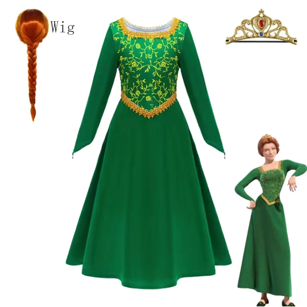 Halloween Fiona Princess Cosplay Costume Fashion Dress + Wig Suit Fiona Shreks Cosplay Carnival Kids Girls Birthday Gifts Suits