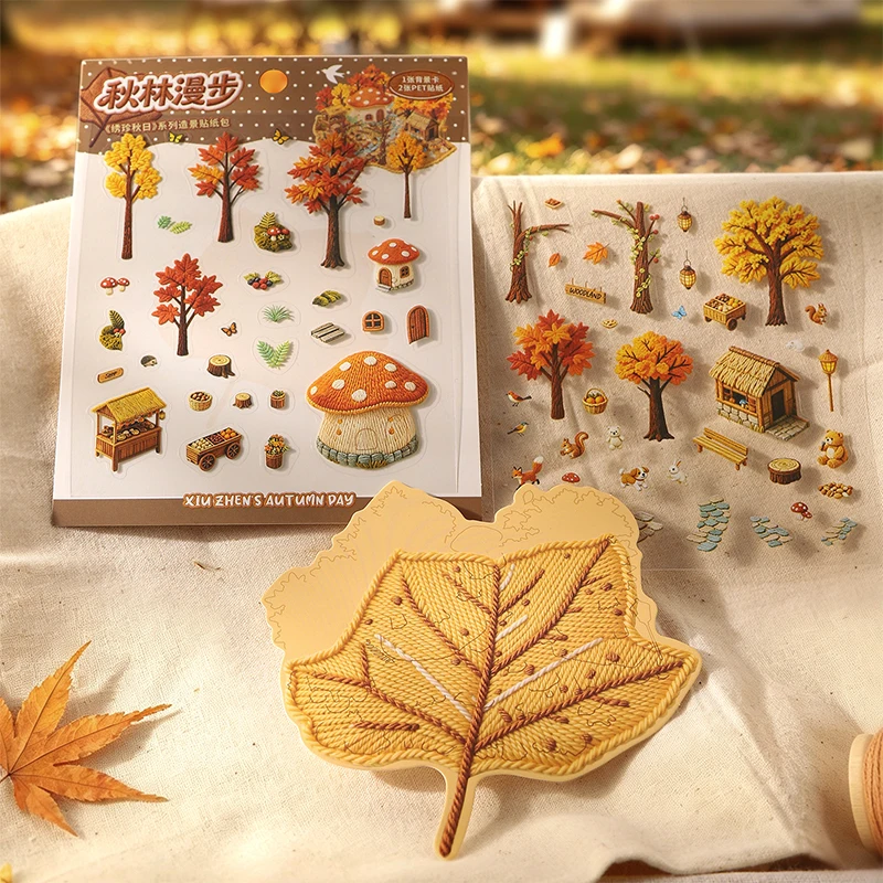 4 Style Embroidery Autumn Series PET Stickers Retro Simulated Embroidery Falling Leaf Landscape Collage Decoration Stickers DIY