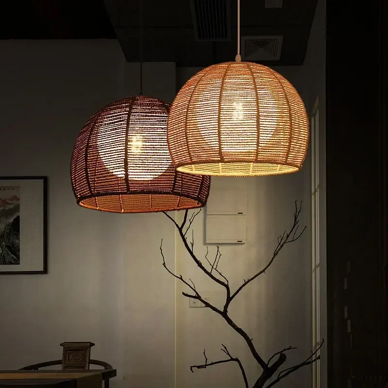 

SANDYHA Japanese Style Handmade Rattan Pendant LED Hemp Rope Chandelier for Dining Room Bedroom Balcony Bedside Lighting Fixture