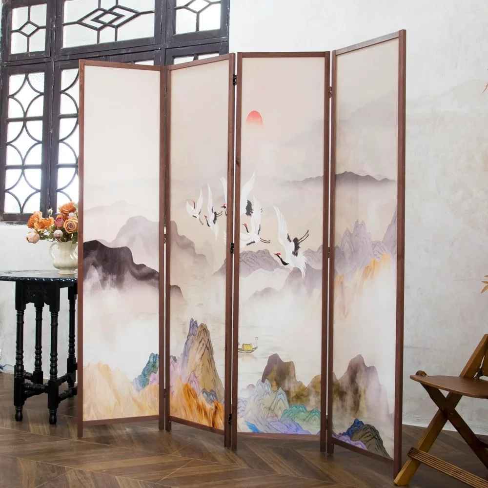 Folding Double-Sided Room Divider Screen with Colorful Landscape Design, 67 High x 63 Wide
