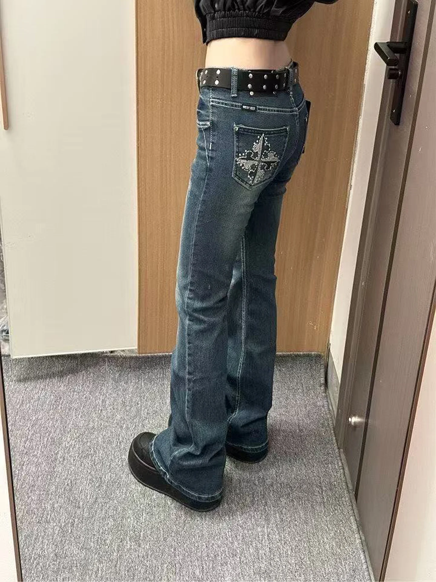 Low Waist Bell Bottom Embroidered Denim Jeans Women's Extended Length Slimming Floor-Length Pants Design Sense Rhinestone