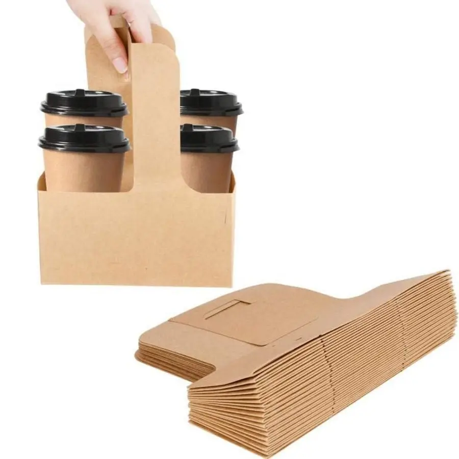 

Pack Kraft Drink Carrier with Handles 2 Cups or 4 Cups Assemblable Disposable Paperboard Drink Holders Great for All Your Drink