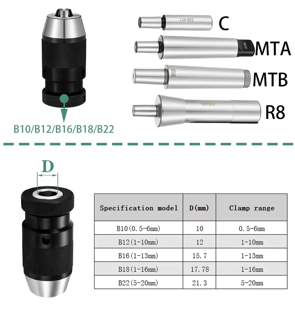 MT1 MT2 MT3 MT4 MT5 R8 C10 C12 C16 C20 B10 B12 B16 B18 B22 Morse Drill Chuck Lathe CNC Drill Machine Self-Tightening Drill Chuck