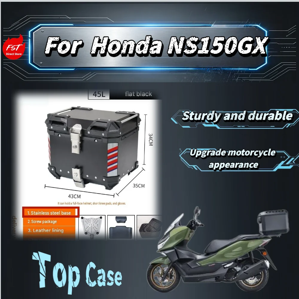 For Honda NS150GX 45L Flat‑Silver Classic Aluminum Tail Box With Stainless‑Steel Base Scooter Touring Mod Accessories