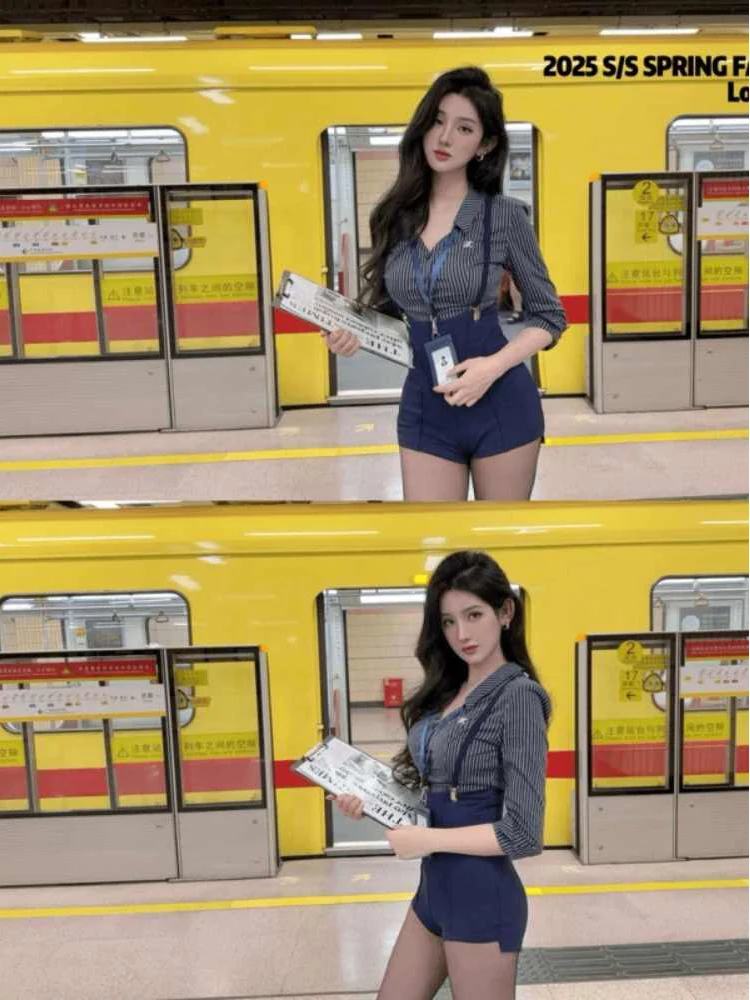 Coreano sle original listrado irt e macacão feminino faion conjunto doce e picante jovem olhar high-end sensação ort calças